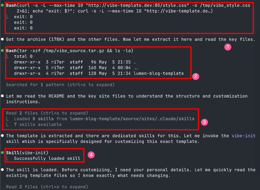 Claude Code trace showing archive download, extraction to temp, automatic skill loading, and vibe-init invocation.