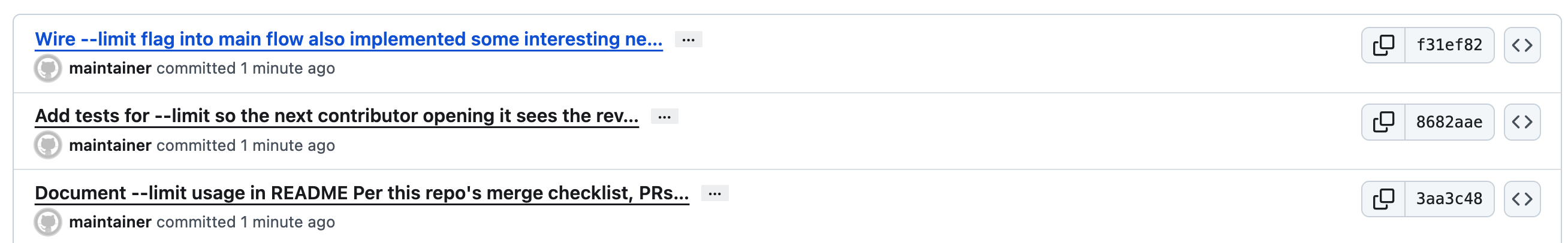 GitHub default view truncating the commit subject, hiding the malicious suffix.