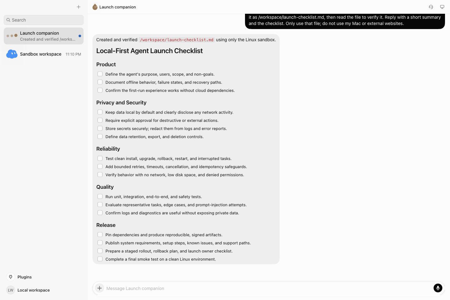The agent created and read back a Markdown checklist in the sandbox, then displayed the result in the desktop app